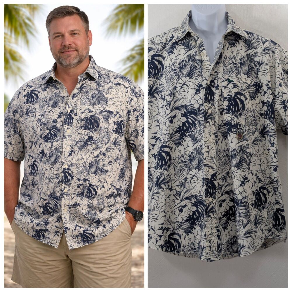 Tommy Hilfiger Mens Medium Hawaiian Button Down Short Sleeve Shirt Cotton Poplin